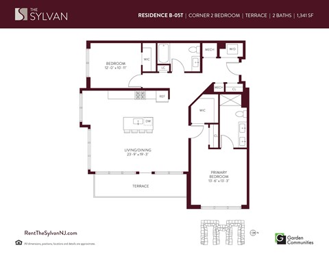 Floor plan for 2 beds, 2 baths, 1341 sqft